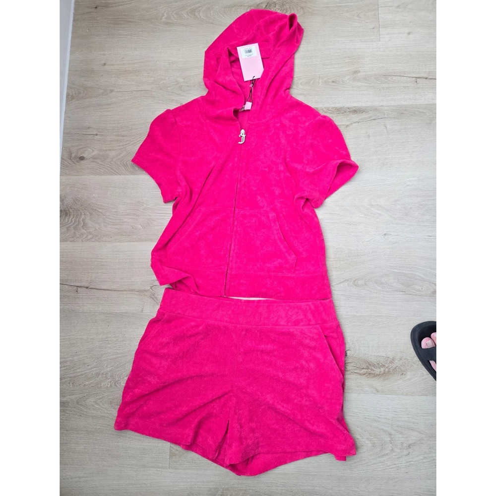 Juicy Couture Vixen Pink Terry Hoodie and Shorts Set Rhinestone Logo size Large - Picture 4 of 12